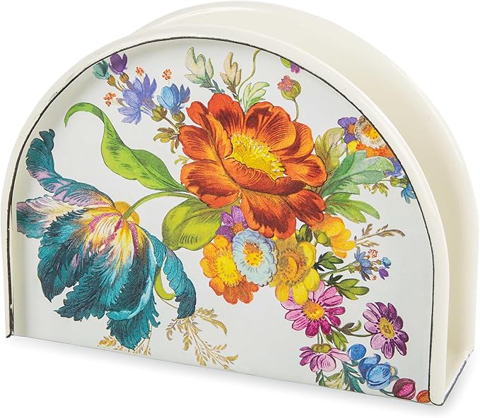 MACKENZIE-CHILDS Enamel Napkin Holder, Kitchen Napkin Holder for Table and Countertop, White Flower Market