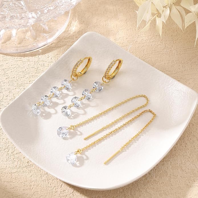 Dangle Earrings For Women Trendy 14K Gold Plated Drop Silver Long Dangling Dainty CZ Simple Hanging Jewelry