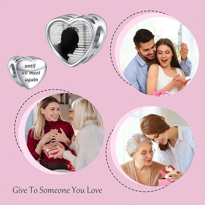 Annmors Personalized Photo Charms For Bracelets/Necklace 925 Sterling Silver Love Heart Shaped Engraved Customize Picture Gift for Birthday Mother's Day,Bead Charms Jewelry for Women