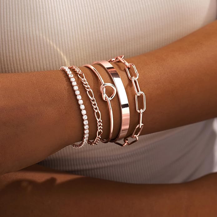 Gold Bracelets Set for Women Non Tarnish, 14K Gold Plated Sterling Silver Chunky Cuff Bracelet Stackable Gold Bangles Bracelet for Women Trendy Fashion Accessories Tie Knot Cuban Rope Paperclip Beaded Bracelet Stack Jewelry Valentines Day Gifts