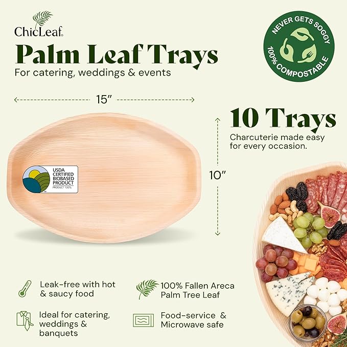 Chic Leaf All Natural Compostable & Disposable Rectangular 15" x 10" Palm Leaf Tray for 4th of July - Party Charcuterie Board, Thanksgiving, Catering & Wedding Appetizers - Party Plates (10 pc)