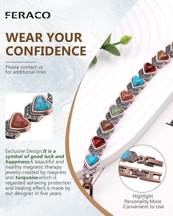 Feraco Pure Copper Bracelets for Women, Ultra Strength Magnetic Bracelet with 3800 Gauss Magnets & Natural Turquoise & Stones, Adjustable, Jewelry Gift