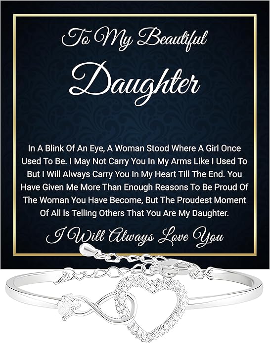 Daughter Infinity Heart Bracelet, Daughter Jewelry Gift From Mom or Dad with Message Card and Box Meaning