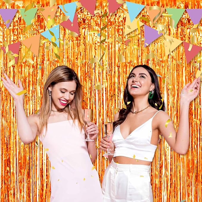 3 Pack Orange Foil Fringe Curtains Backdrop, 3.28 x 8.2 Ft Metallic Streamers Tinsel Curtains Background for Photo Booth, Birthday, Halloween, Christmas, Thanksgiving, New Year Party Decorations