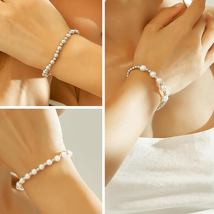 wgoud Gold Bracelets for Women - Trendy 14K Real Gold Plated Beaded Bracelet Set with Stretch Beads, Waterproof, Adjustable, Perfect Gifts