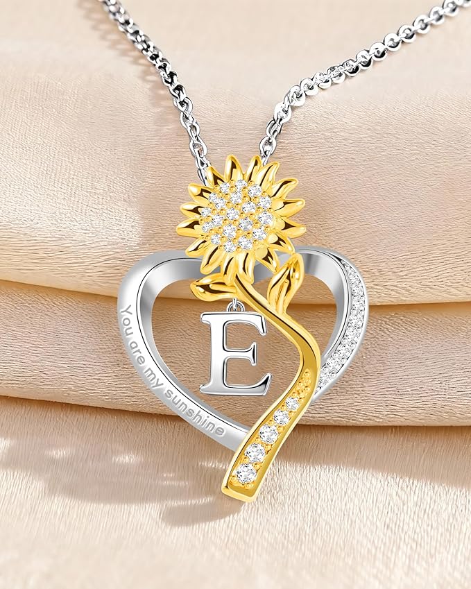 Birthday Gifts for Women Preserved Real Rose with Sunflower Initial Necklace - Birthday Gifts for Women Her Mom Wife on Valentines Mothers Day Christmas Anniversary Romantic with Pendant E
