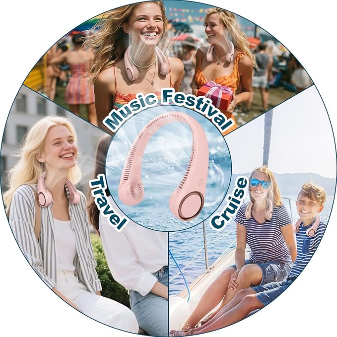 CIVPOWER Neck Fan: Portable Personal Neck Cooling Rechargeable Bladeless Fan - Hands Free 3 Speed 4000 mAh Battery USB Operated Wearable Headphone Design - for Men Women Outdoor Indoor (Pink)