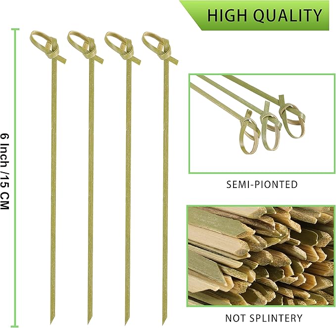 Bamboo Knotted Cocktail Picks 6 Inch, 100 Pack Toothpicks Skewers with Looped Knot for Appetizers, Mini Food Sticks Fancy Tooth Picks for Party Drinks Fruit Charcuterie Cocktail Garnish Accessories