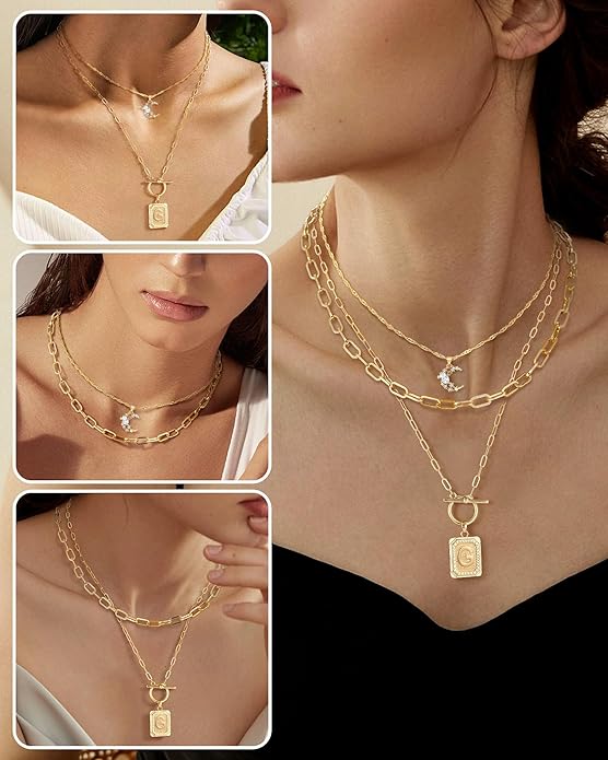 MJartoria Layered Initial Necklaces for Women Trendy, 14K Gold Plated Brass Simple Moon Choker Square Letter Pendant Necklace, Paperclip Chain Necklaces Jewelry Gifts