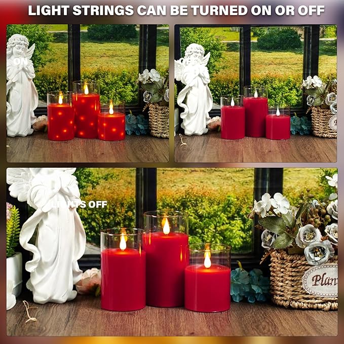 Real Wax Flameless Candles Glass,Battery Operated LED Candles with Flickering Flame,Glass Shell,Interior Star Light Decoration Set of 3 Red (D3×H 4" 5" 6") for Home Decor,Holiday Decoration