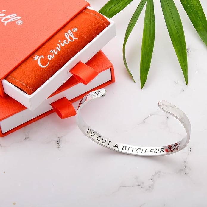 Carviell Engraved Cuff Bracelets for Women – Inspirational, Friendship, Love, Mom, Daughter, Sister, Christian, Graduation, Memorial & Wedding Gifts – 80+ Phrases – Stainless Steel, Gift-Ready