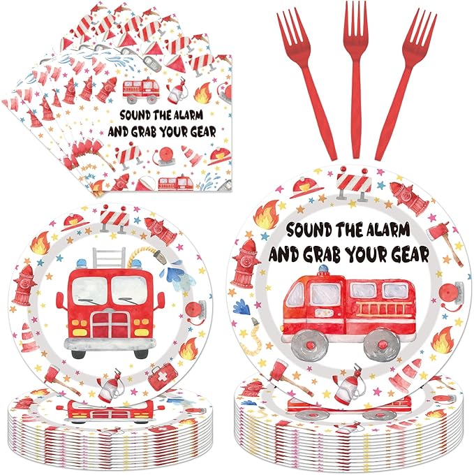 Firetruck Birthday Party Decorations - 96PCS Fire Truck Plates and Napkins Party Supplies Firefighter Birthday Decorations Fireman Themed Disposable Tableware Set Serve 24 Guests