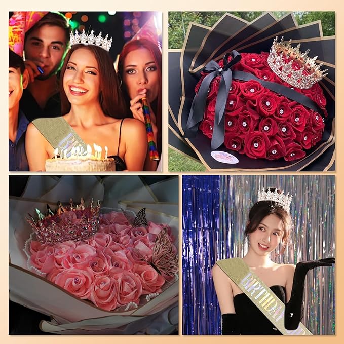 Queen Crown Birthday Set for Women - Tiara, Sash, Princess Rhinestone Headband - Sweet Happy Accessories