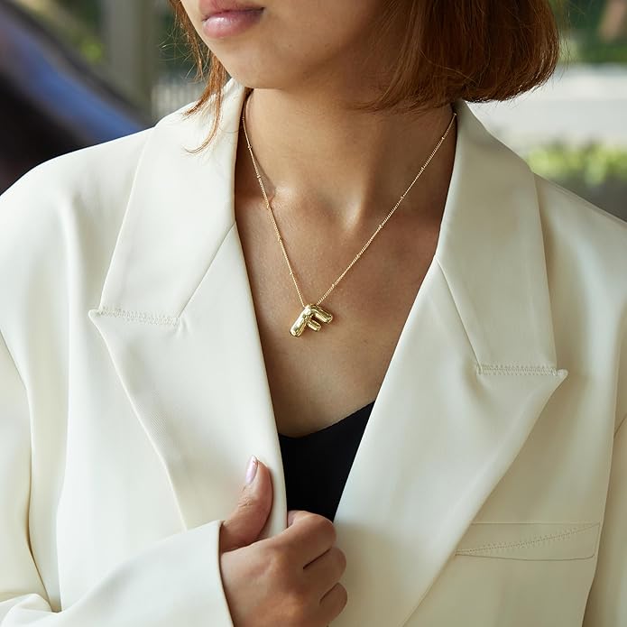 Inerney Valentines Day Gifts Gold Bubble Letter Necklace Initial Necklaces for Women, Chunky 14K Plated Balloon Initials, Trendy Charm Non Tarnish Custom Name Pendant Jewelry Gifts for Mom