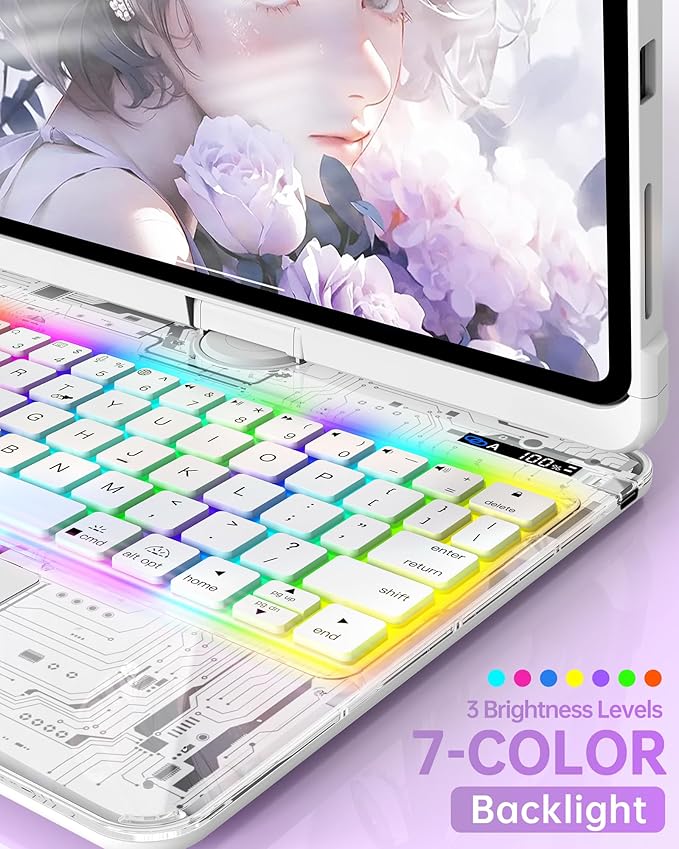 Intermerge Clear Keyboard Case for iPad Pro 11" (M4) 2024 Only, 360° Swivel Multi-Touch Trackpad, 7-Color RGB Backlit, Pencil Holder, Type-C, Power Indicator, Frost Pulse