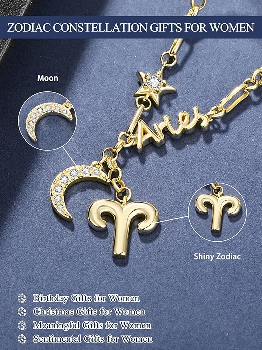 14K Gold/Rose Gold Zodiac Necklace for Women - Horoscope Constellation Pendant with Moon and Star, Luxury Birthday Gifts Jewelry for Her (12 Zodiac Signs)