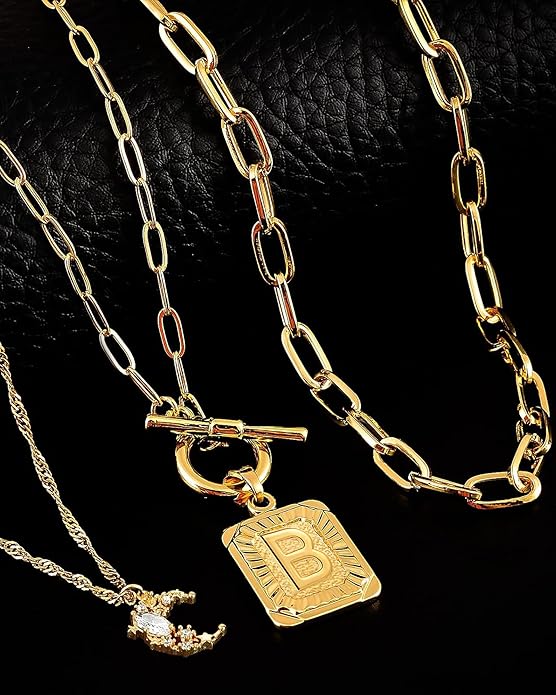 MJartoria Layered Initial Necklaces for Women Trendy, 14K Gold Plated Brass Simple Moon Choker Square Letter Pendant Necklace, Paperclip Chain Necklaces Jewelry Gifts