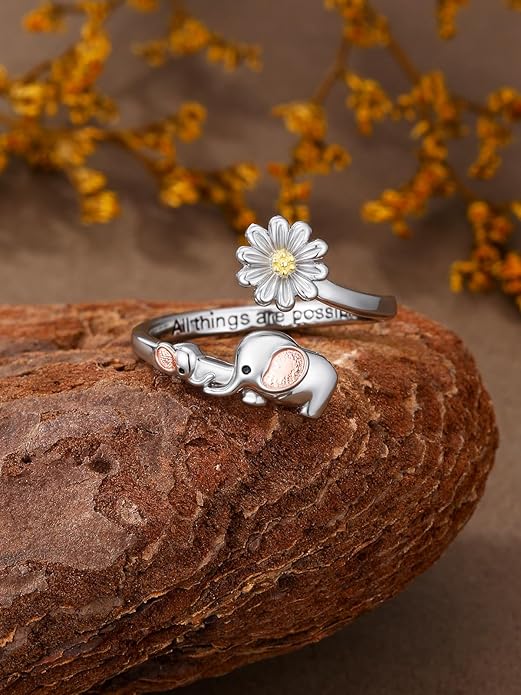 Animal Open Ring 925 Sterling Silver Koala/Panda/Highland Cow/Elephant Adjustable Ring Cute Animal Daisy Jewelry Gifts for Women