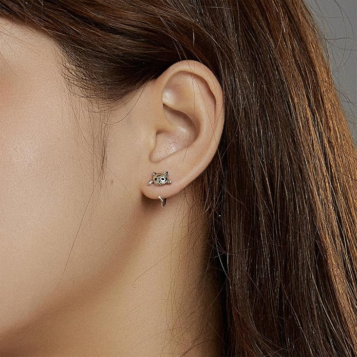 S925 Sterling Silver Stud Earrings for Women, Animal Cat & Dog Studs and Minimal Teardrop Ear Climber, Hypoallergenic Earrings for Sensitive Ears, Gift Box Included