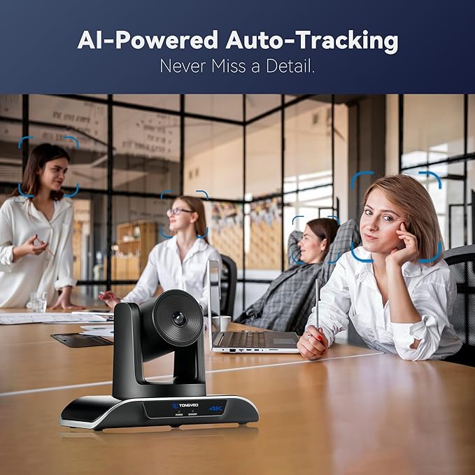 TONGVEO 4K PTZ Camera with AI-Powered Auto-Tracking 5X Digital Zoom USB 3.0 120-Degree Wide-Angle PTZ Webcam for Video Conference YouTube/Teams/Zoom Meeting Live Streaming