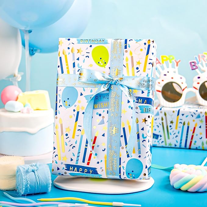 MIMUTI Blue Birthday Wrapping Paper for Boys - 17 Inch X 33 Feet - Foil Gift Wrap with Colorful Balloons, Candles, HappyBirthday Text Design for Birthday, Holiday, Party, Baby Shower