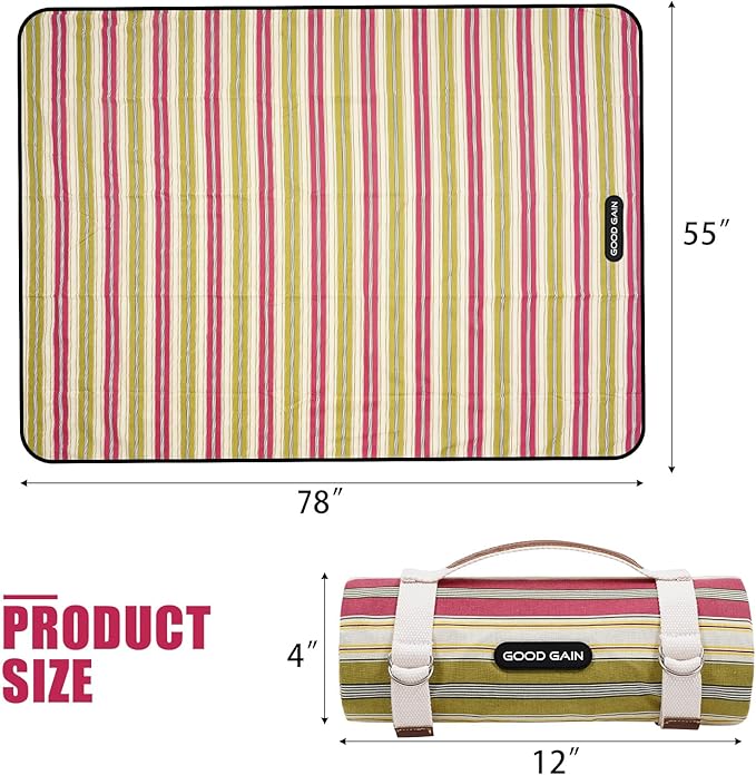 G GOOD GAIN Waterproof Picnic Blanket Portable with Carry Strap for Beach Mat or Family Outdoor Camping Party（Pickle）
