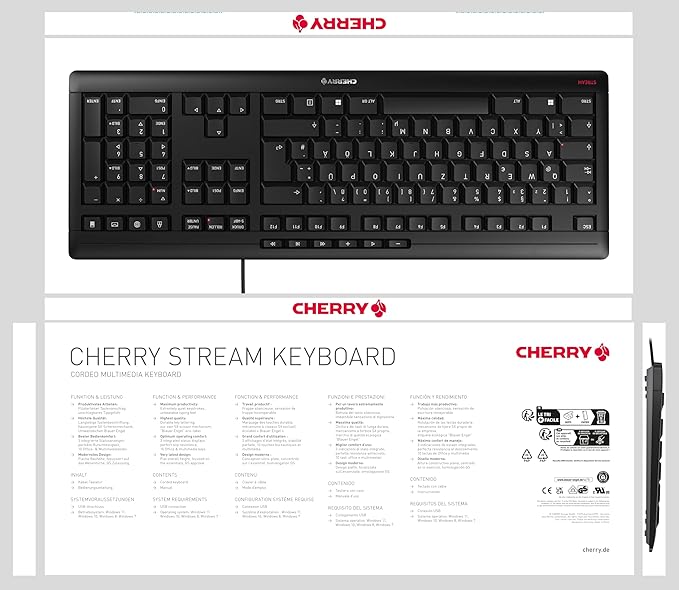 CHERRY Stream Keyboard Wired USB SX Scissors Mechanism QWERTY Whisper-Quiet Silent Keystroke for Home Office, Work or Personal Computer. Black