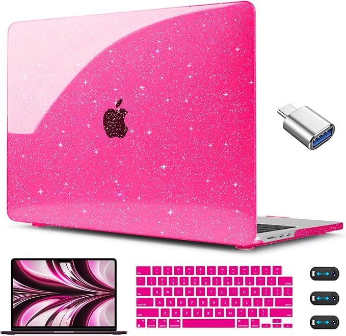CISSOOK Compatible with MacBook Air 13.6 inch Case Glitter 2025 2024 2023 2022 A3240 M4 A3113 M3 A2681 M2 Chip, Sparkly Pink Bling Plastic Hard Shell Case for MacBook Air 13.6", Rose Pink Glitter