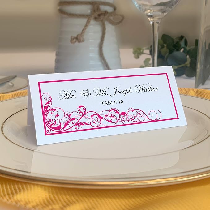 Scribble Vintage Swirl Printable Place Cards, Fuschia (Choose Color), Set of 150 (25 Sheets), Laser & Inkjet Printers - Wedding, Party, Dinner, and Special Events