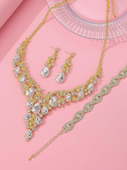 Wedding Bridal Bridesmaid Austrian Crystal Rhinestone Jewelry Sets Statement Choker Necklace Earrings Bracelets Sets for Wedding Party Prom