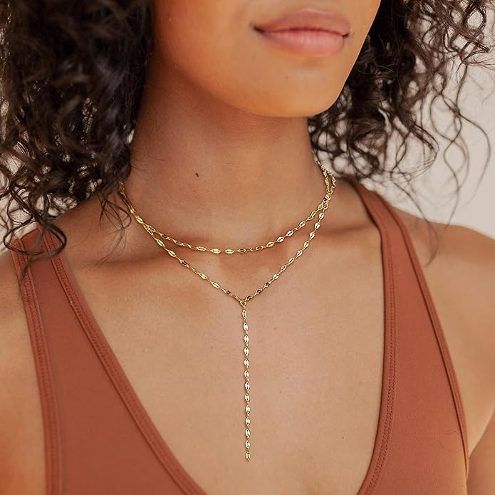 Gold Necklace for Women, Dainty Gold Long Necklaces 14k Gold Plated Prom Lariat Necklace Cute Choker Necklaces for Women Trendy Stuff Fashion Costume Gold Accessories Christmas Jewelry Gifts