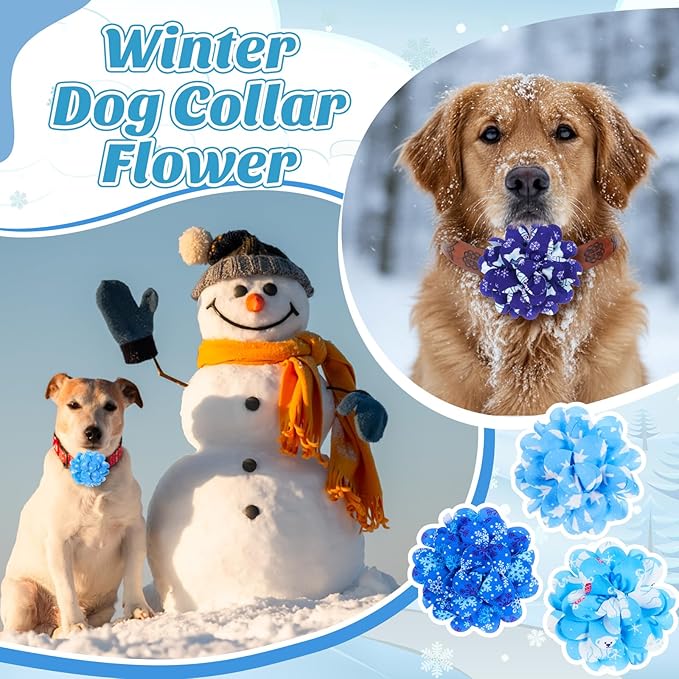 Lyrow 100 Pcs Winter Dog Collar Flowers Bulk Dog Charms Grooming Accessories Blue Bow Tie Flower for Puppy Cat Pets Collar Attachment Embellishment Winter Party Costume