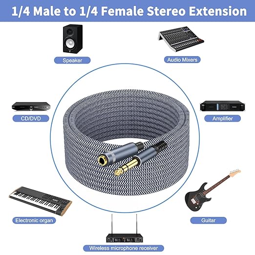 1/4 inch Extension Cable 20ft, 1/4" inch Male to Female Stereo Guitar Extension Cable