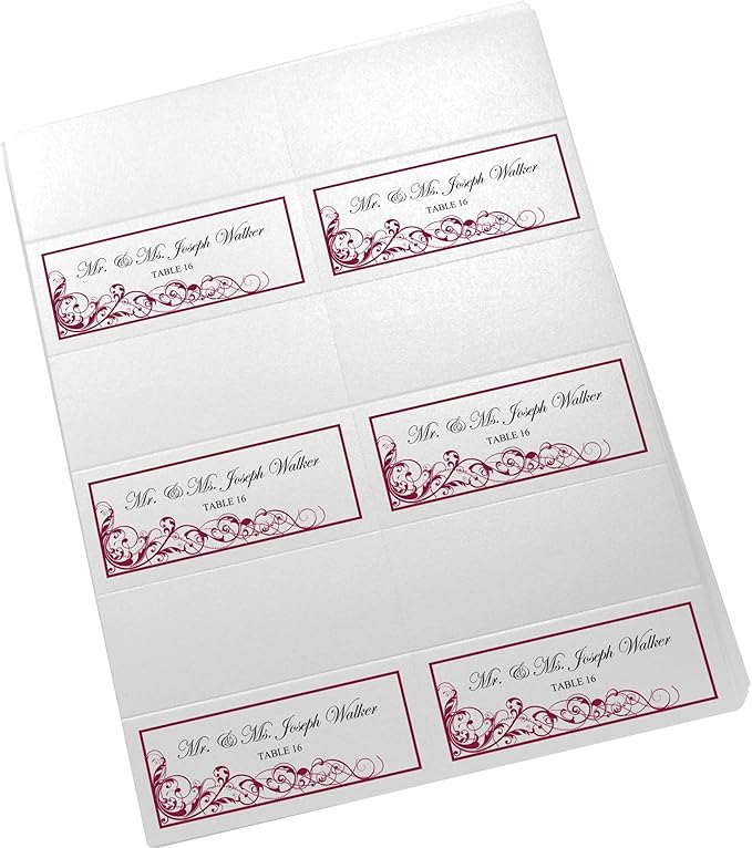 Scribble Vintage Swirl Printable Place Cards, Burgundy (Choose Color), Set of 60 (10 Sheets), Laser & Inkjet Printers - Wedding, Party, Dinner, and Special Events