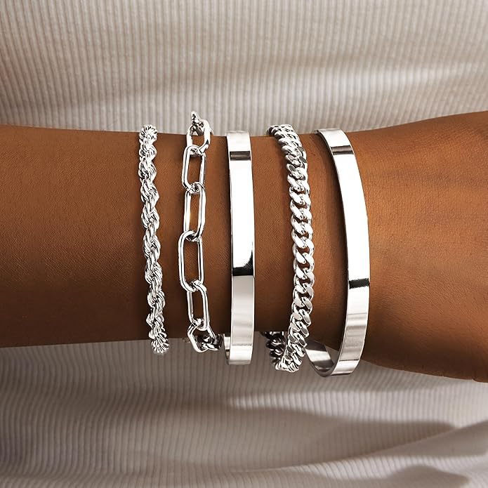 Gold Bracelets Set for Women Non Tarnish, 14K Gold Plated Sterling Silver Chunky Cuff Bracelet Stackable Gold Bangles Bracelet for Women Trendy Fashion Accessories Tie Knot Cuban Rope Paperclip Beaded Bracelet Stack Jewelry Valentines Day Gifts
