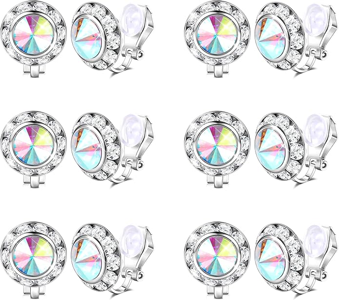 FIBO STEEL Clip on Halo Earrings Rhinestone Earrings Crystal Earrings for Women Round Acrylic Stone Inside Dance Competitions Stage Opera Performance Wedding Party Jewelry