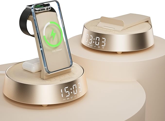 Alarm Clock with Wireless Charging Station, Clock for Bedroom with Dimmable Night Light Bluetooth Speaker, Wireless Charger Dock Station for iPhone 17 16 15 14 13 12 Pro Max, Apple Watch