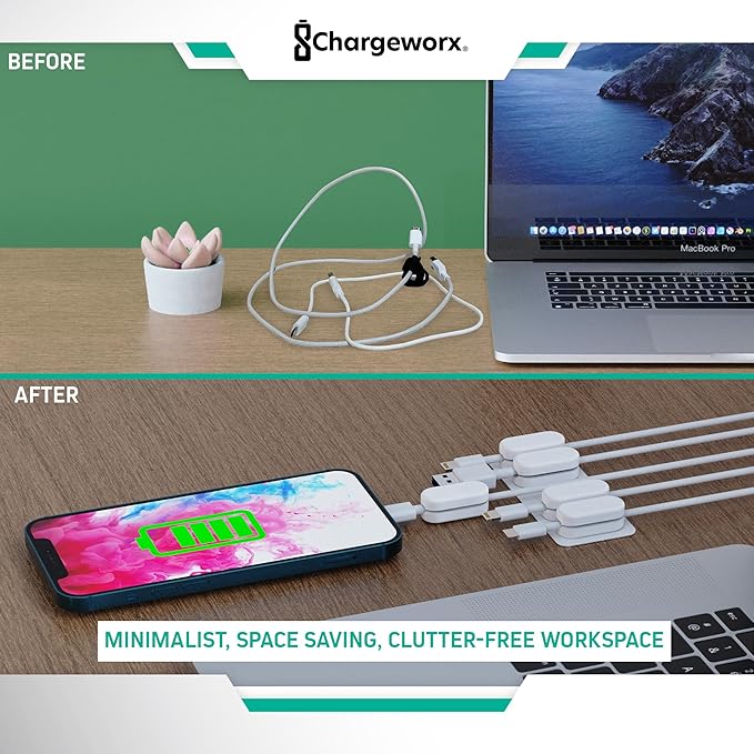 Magnetic Cable Clips [5-Pack] – Chargeworx Cord Organizer for Desk, Nightstand, Car, Wall – Strong Adhesive Wire Holder for USB-C, Lightning, Micro-USB – Tangle-Free, Snap-On, Easy Cable Management