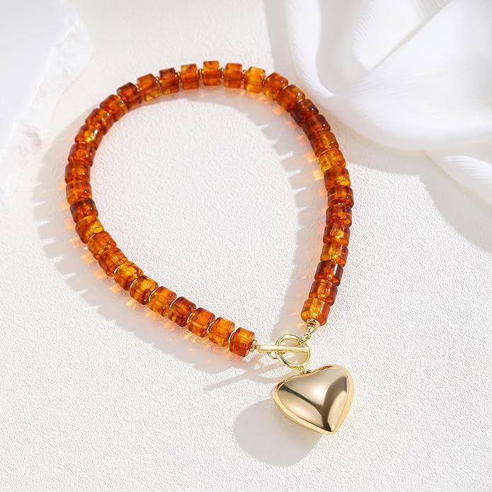 GZQ Chunky Gold Heart Necklace for Women, Acrylic Beaded Chain with Puff Heart Adjustable Clasp, Perfect for Daily Wear Party Date Streetwear Outfits Fashion Jewelry Gift