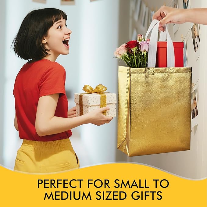 RACETOP 15 Pcs Gold Gift Bags Medium Size, 8x4x10 Inch Reusable Gift Bags with Handles & Sturdy Base, Ideal for Birthday, Wedding, Bachelorette, Party Favors, Holiday Goodie