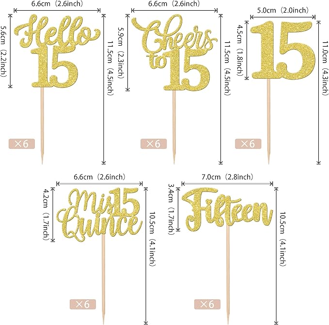 30PCS Happy 15th Birthday Cupcake Toppers Glitter Fifteen Mis Quince Hello 15 Cupcake Picks Cheers to 15 Birthday Decorations for 15th Birthday Anniversary Party Cake Decoration Supplies Gold