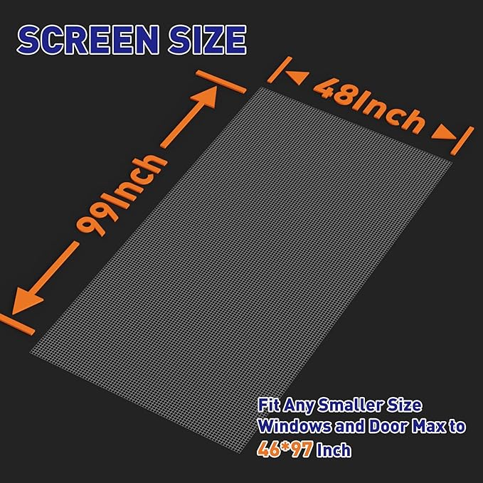 MAGZO Window Screen Replacement Mesh 48"W x 99"L - DIY Adjustable Polyester Pet Proof Screen Door Mesh for Patio Sliding Doors Window Screen Repair Kit, Durable, Washable, Gray