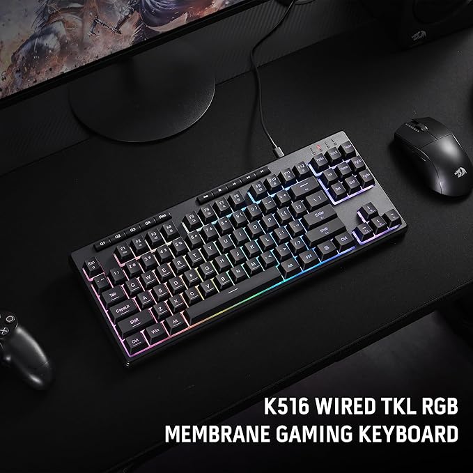 Redragon K516 Shiva TKL Wired RGB Membrane Gaming Keyboard, 87 Keys Mechanical-Feel Keyboard w/Smooth Linear Switch, On-Board Macro & Dedicated Multimedia Keys, 16.8M RGB Backlit, Software Supported