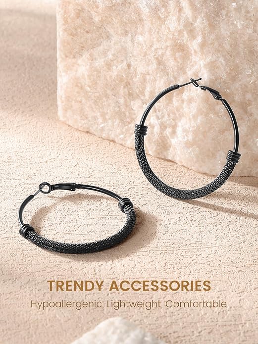 KeyStyle Mesh Hoop Earrings for Women, Stainless Steel Gold Hoops Earring Lightweight Loops, 2MM Thick Hypoallergenic Circle Endless Hollow Hoop 20mm-80mm