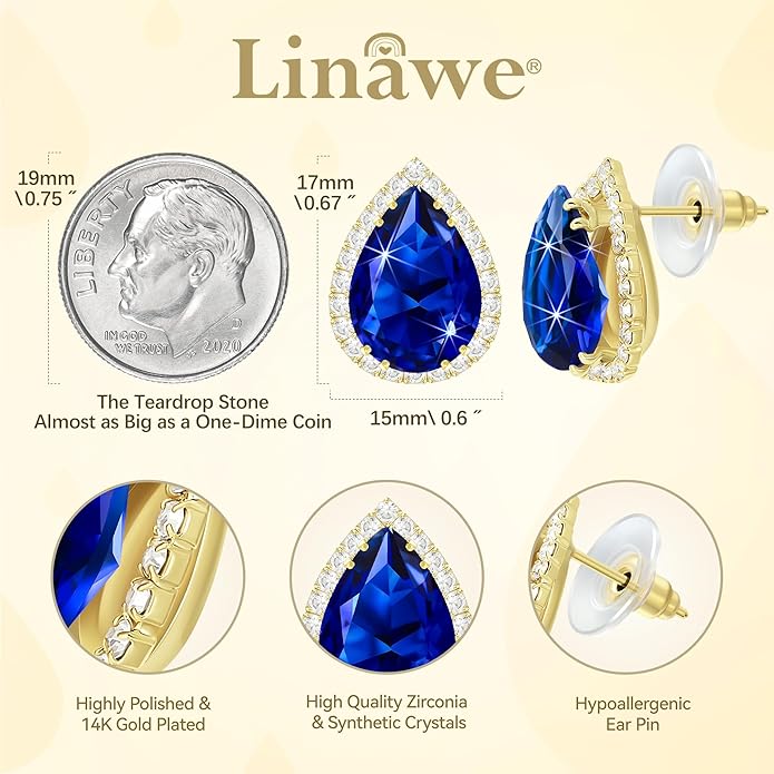 Linawe Women Stud Earrings, Teardrop Diamond Moissanite Cubic Zirconia Earrings Studs Rhinestone Jewelry Gold/Silver/Rose Gold