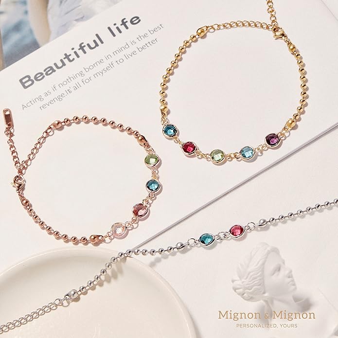MignonandMignon Custom Birthstone Bracelet for Women, Personalized Beaded Chain Jewelry, Birthday, Gift for Friends, Adjustable Bracelet with Birth Month Stones – B-BR-2HBS