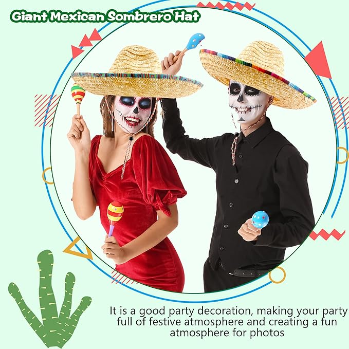 2 Pack Giant Mexican Sombrero Hat Cinco de Mayo Fiesta Straw Hat for Mexican Party Decor Favors Luau Event Photo Props