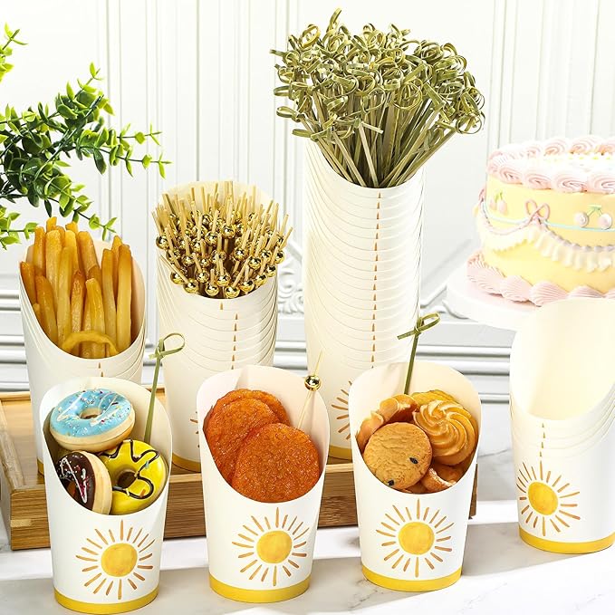 Tioncy 250 Pcs Charcuterie Cups with Cocktail Picks Sets, Bridal Shower Decoration 50 Charcuterie Cups with 200 Sticks for Wedding Baby Shower Floral Boho Witch Party Decorations(Orange,Boho Sun)