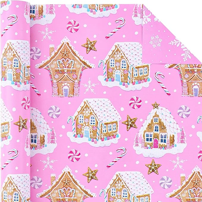 WRAPAHOLIC 30 Inch Jumbo Reversible Gingerbread Christmas Wrapping Paper - 30 Inch x 33 Feet - Pink Gingerbread House and Snowflake with Embossed for Christmas, Holiday, Party Celebration
