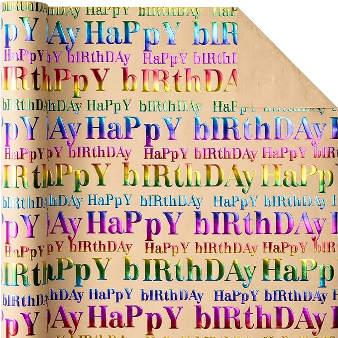 WRAPAHOLIC 3D Kraft Birthday Wrapping Paper Roll - Mini Roll - 17 Inch x 16.5 Feet - Brown and Colorful Foil Happy Birthday Wrapping Paper with Embossed for Kids Boy Girls, Baby Shower